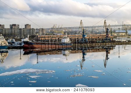 Saint-petersburg.russia.6 April 2018. Cranes  And Ships In The Marine Cargo Port Of Saint-petersburg