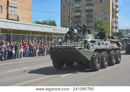 Moscow, May, 9, 2018: Great Victory Holiday Parade Of Russian Military Tank Vehicles  Btr-82a For Tr