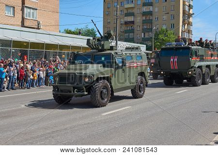 Moscow, May, 9, 2018: Great Victory Holiday Parade Of Russian Military Vehicle Armored Car Tigr M Fo