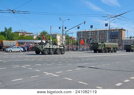 Moscow, May, 9, 2018: Great Victory Holiday Parade Of Russian Military Tank Vehicles  Btr-82a For Tr