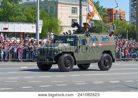Moscow, May, 9, 2018: Great Victory Holiday Parade Of Russian Military Vehicle Armored Car Tigr M Fo