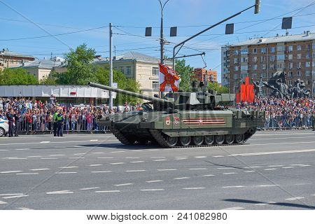 Moscow, May, 9, 2018: Great Victory Holiday Parade Of Russian Military Vehicles. Tanks On City Stree