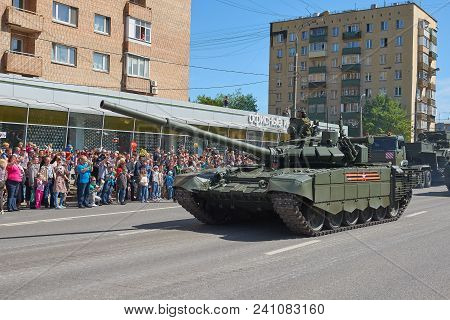 Moscow, May, 9, 2018: Great Victory Holiday Parade Of Russian Military Vehicles. Tanks On City Stree