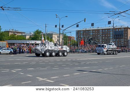 Moscow, May, 9, 2018: Great Victory Holiday Parade Of Russian Military Battle Wheel Vehicle Btr-82a 