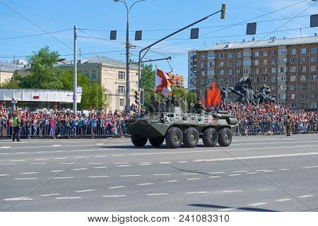 Moscow, May, 9, 2018: Great Victory Holiday Parade Of Russian Military Tank Vehicles  Btr-82a For Tr