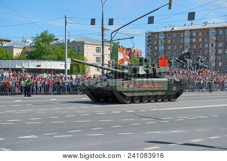 Moscow, May, 9, 2018: Great Victory Holiday Parade Of Russian Military Vehicles. Tanks On City Stree
