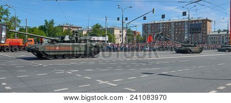 Moscow, May, 9, 2018: Great Victory Holiday Parade Of Russian Military Vehicles. Tanks On City Stree
