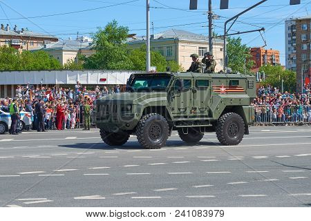 Moscow, May, 9, 2018: Great Victory Holiday Parade Of Russian Military Vehicle Armored Car Kamaz 539