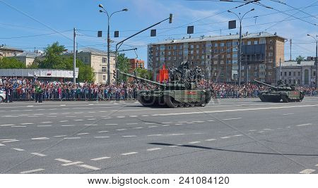Moscow, May, 9, 2018: Great Victory Holiday Parade Of Russian Military Vehicles. Tanks On City Stree