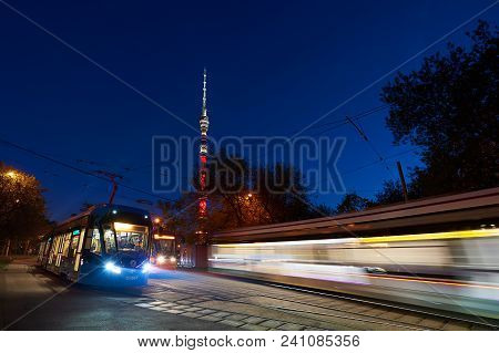 Moscow, May, 9, 2018: View Of Russian Modern Tramways At End Station With Front Lights And Tv Tower 