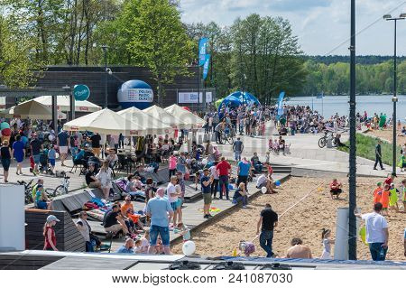 Olsztyn, Poland - May 1, 2018: A Lots People At Beach On Ukiel Lake Known Also As Krzywe Lake.