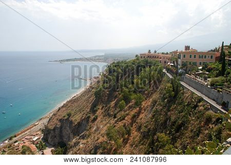 Bay Of Taormina Sicily Italy, View From The Teatro Greco (