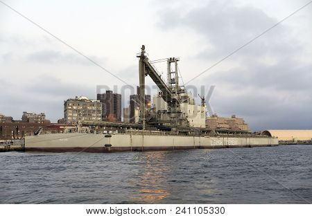Bronx, New York - March 21: Bulk Non Propelled Cement Barge Matilde Docked..  Taken April 7, 2018 In