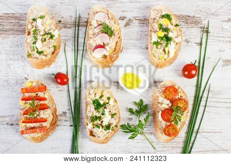 Baguette Or Sandwiches With Fresh Homemade Mackerel Or Tuna Fish Paste, Healthy Nutrition Concept