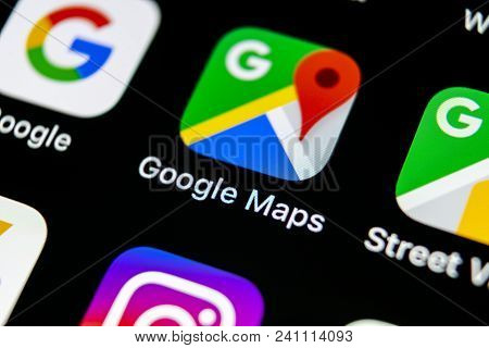 Sankt-petersburg, Russia, May10, 2018: Google Maps Application Icon On Apple Iphone X Screen Close-u