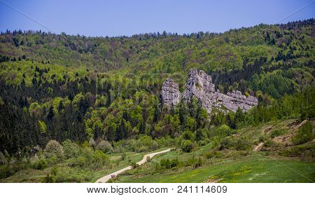 Aerial View Of The Place Of Tustan Fortress - A Medieval Cliff-side Fortress-city, Archaeological An