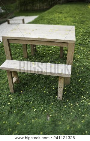 Wooden Bench In Outdoors Garden In Summer, Stock Photo