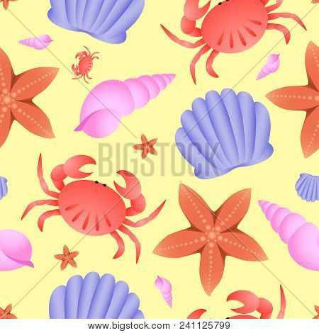 Vector Seamless Sea Theme Pattern. Crab, Fish Star And Shell On Yellow Background