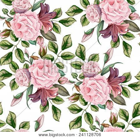 Rose Flower Blossom Blooming With Leaves Seamless Pattern. Vector Textie Vintage Watercolor Wallpape