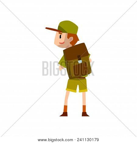 Boy Scout Character In Uniform Standing With Backpack, Back View Vector Illustration Isolated On A W