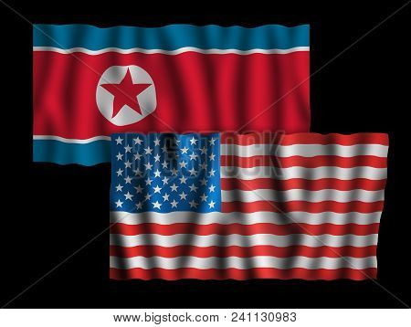Usa And North Korea. Waving Flags Of The United States Of America And North Korea Together On Dramat
