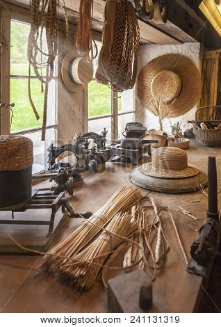 Hoffstetten Bei Brienz, Switzerland - April 2017: Hat Maker Workshop In Ballenberg Open Air Museum