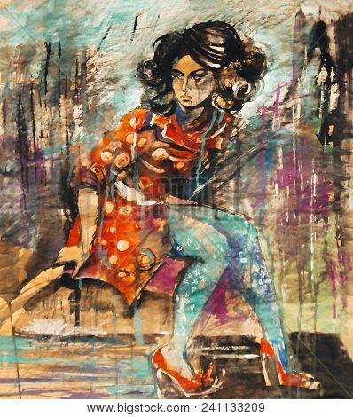 Unique Painting, Woman Sitting And Looking Forward Somewhere