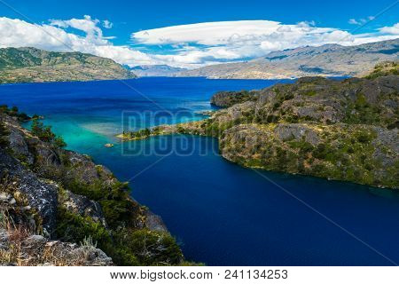 Lake of Cochrane with crystal clear blue water during day. Patagonia, Chile