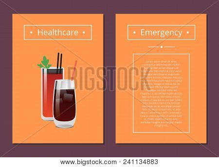 Healthcare And Emergency Cards Vector Illustration With Two Cocktails In Varied Shape Glasses, Cute 