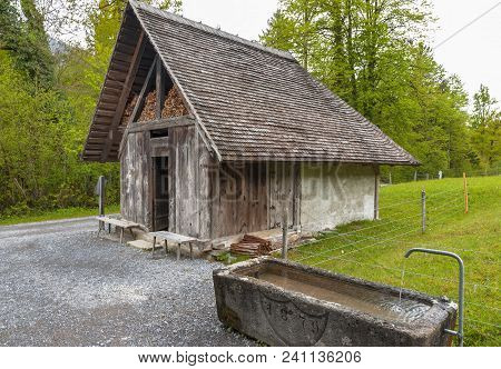 Hofstetten Bei Brienz, Switzerland - April 2017: Old Wooden Buildings In Ballenberg Open Air Museum