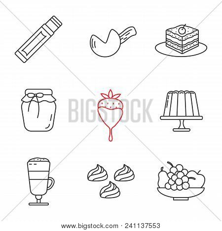 Confectionery Linear Icons Set. Chewing Gum Stick, Fortune Cookie, Tiramisu, Berry Jam, Strawberry I