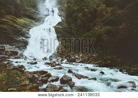 Waterfall Hjellefossen And Deep Forest Landscape In Mountains Travel Serene Scenic View Norway Wild 