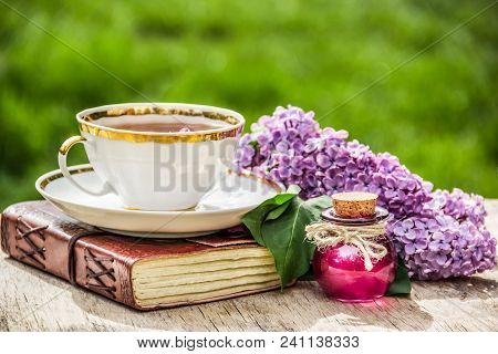 Cup Of Tea And  Drink Of Love. Syrup For Tea. Love Potion And Tea. Romantic Concept