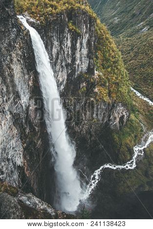Landscape Waterfall Vettisfossen Aerial View In Norway Rocky Mountains Travel Serene Scenery Wild Na