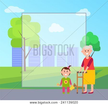 Granny And Granddaughter Standing By Filling Form, Kid With Toy, Teddy Bear, Park And Trees, Buildin