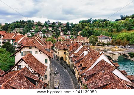 Bern, Switzerland - August 31, 2016: Street And Unterbrucke Bridge Over Aare River In Bern, Switzerl