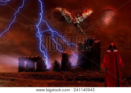Surreal digital art. Lightning strikes spooky ruins. Figure of man in red cloak. Naked man with burning wings symbolizes fallen angel. 3D rendering