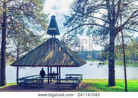 Druskininkai, Lithuania - April 30, 2017: Wooden Summer House At Druskonis Lake And The Nature In Dr