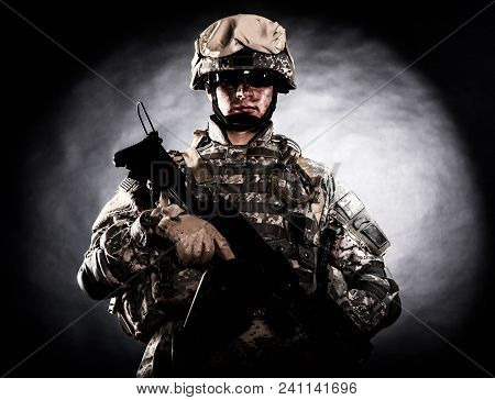 Low Key Studio Portrait Of Private Security Service Contractor, Army Infantry Rifleman, Us Marine Ra