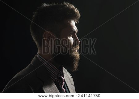Silhouette Of Bearded Man. Hipster Profile Portrait. Silhouette Of Handsome Vintage Man With Bushy B