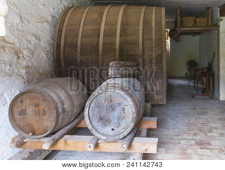 Hofstetten Bei Brienz, Switzerland - April 2017: Barrels In The Winery In Ballenberg Open Air Museum