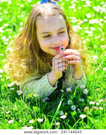 Girl Lying On Grass, Grassplot On Background. Sensitivity Concept. Child Enjoy Spring Sunny Weather 