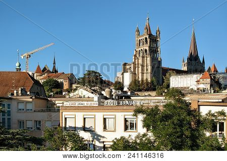 Lausanne, Switzerland - August 26, 2018: Cathedral Of Notre Dame In Lausanne, In Switzerland. Seen F