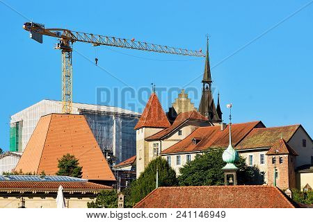 Lausanne, Switzerland - August 26, 2018: Towers In Lausanne Old City Center, Switzerland. Seen From 