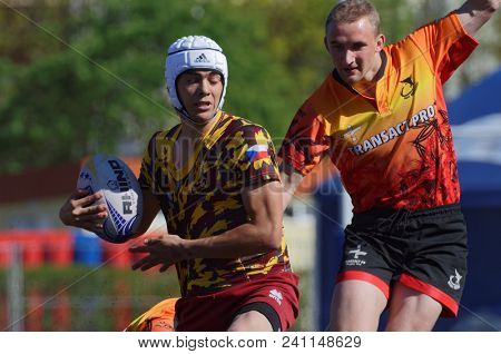 ST. PETERSBURG, RUSSIA - MAY 12, 2018: Match RC Dukla, Czech Republic vs RC Miesnieki, Latvia during Rugby Europe Sevens Club Champion's Trophy. Dukla won 26-10