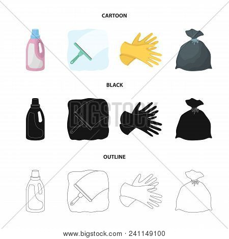 Gel For Washing In A Pink Bottle, Yellow Gloves For Cleaning, A Brush For Glass, A Black Bag For Gar