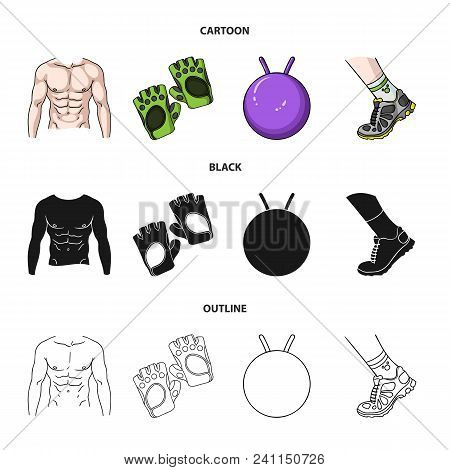Men Torso, Gymnastic Gloves, Jumping Ball, Sneakers. Fitnes Set Collection Icons In Cartoon, Black, 
