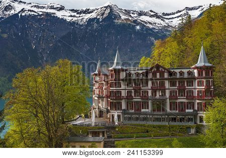 Brienz, Switzerland - April 2017: View On Grandhotel Giessbach At The Waterfall
