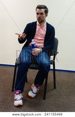 Vilnius, Lithuania - May 4, 2016: Belorussian Novelist And Journalist Sasha Filipenko Sits In The Ch