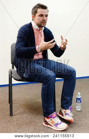 Vilnius, Lithuania - May 4, 2016: Sasha Filipenko Belorussian Novelist And Journalist Sits In The Ch